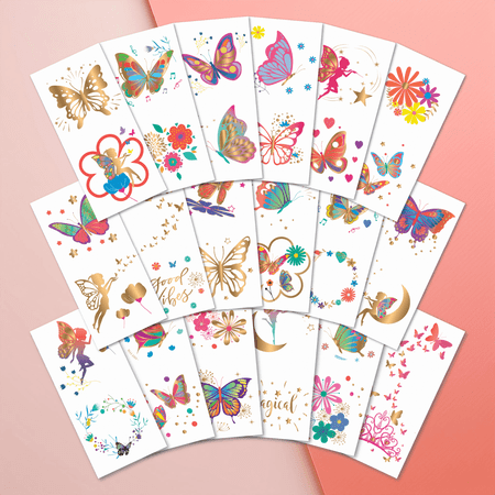 PapaKit Butterflies & Fairies 36 Temporary Fake Tattoo Set, 18 Individually Wrapped Sheets