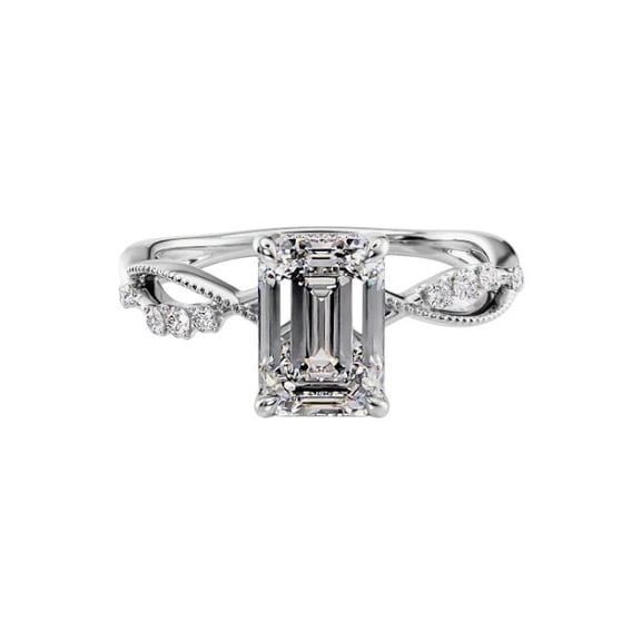 Emerald Cut Diamond Ring, Twisted Shank Diamond Engagement Ring, Hidden Halo Ring, 14K White Gold Plated, 2.2 Ct Simulated Diamond