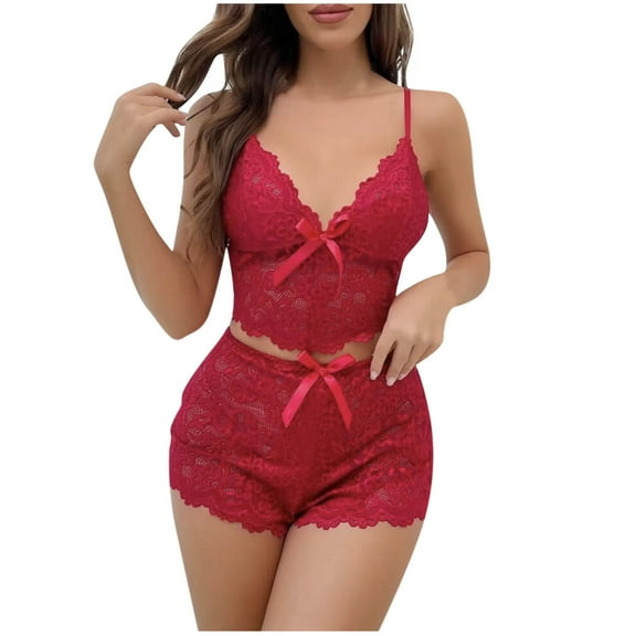 SwiftWear Women's Lace & Bowknot Pajama Set Delicate Sleepwear & Loungewear Adjustable Strap Cami with Built-in Bra and Shorts, Sheer Comfort Red