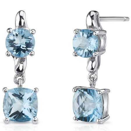 - 3.50 Ct Cushion Cut Swiss Blue Topaz Sterling Silver Drop Earrings Rhodium Finish