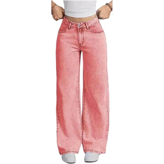 vigerkar Wide Leg Jeans for Women Mid Waist Baggy Stitch Decor Denim Washed Pants (Pink, S)