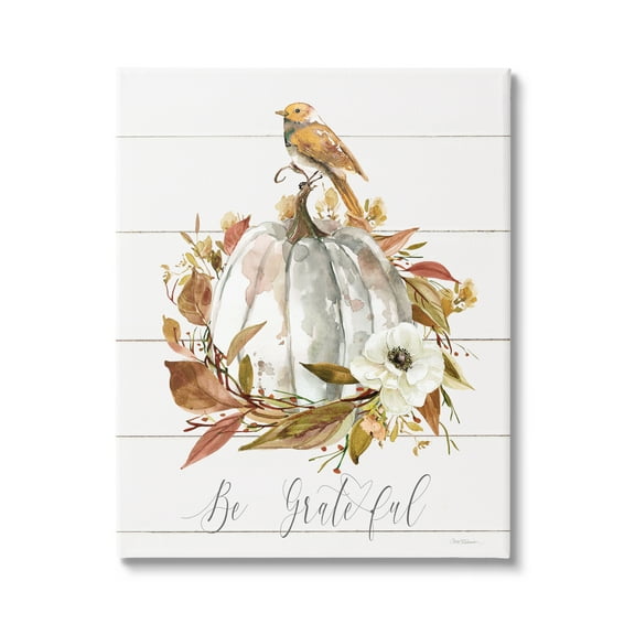 Stupell Industries Be Grateful Fall Pumpkin Botanical & Floral Painting Gallery Wrapped Canvas Art Print Wall Art, 24 x 30