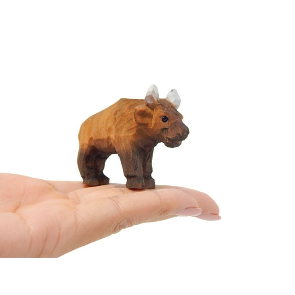 Bison Buffalo Figurine Statue Art Sculpture Miniature Wood Carving Decor Small Animal