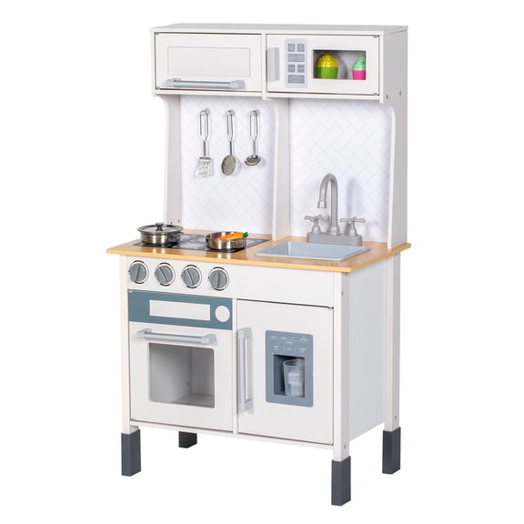 BRINJOY Kitchen Playset for Kids, Wooden Toddler Play Kitchen w/Faucet, Sink, Microwave, Oven, Apron, Cabinets, Children Pretend Play Cooking Toy Set, Gift for Girls Boys Age 3 