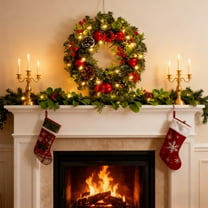 LED Christmas Wreath with Berries and Lights, Green PVC Garland for Front Door Holiday Decor, Battery Operated Hanging Ornament for Indoor Outdoor Use(B,11.8")