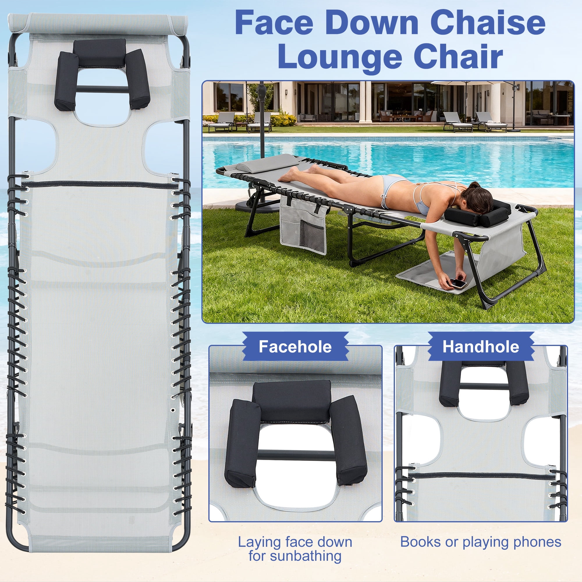 2‑Pack Gray 5‑Position Adjustable Face‑Down Chaise Lounge Chair, Foldable Tanning Recliner with Face & Arm Holes, Outdoor Sunbathing Chair for Pool Beach Patio Lawn