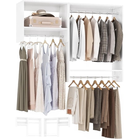 Aheaplus 36” - 60” Closet System, 5FT Walk in Closet Organizer Starter Kit with 3 Hanging Rods and 2 Shelves, Heavy Duty Reversible Wood Clothing Rack, Cut Be Cut to Fit, Max Load 800 lbs, White
