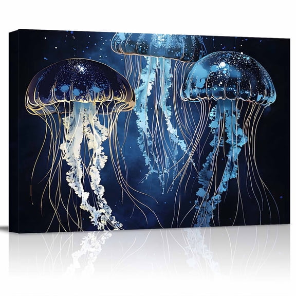 Blue Jellyfish Canvas Print Wall Art Ocean Dreamy Coastal Nautical Pictures Painting Morden Artwork for Living Room Bedroom, Ready to Hang - 12"x16"