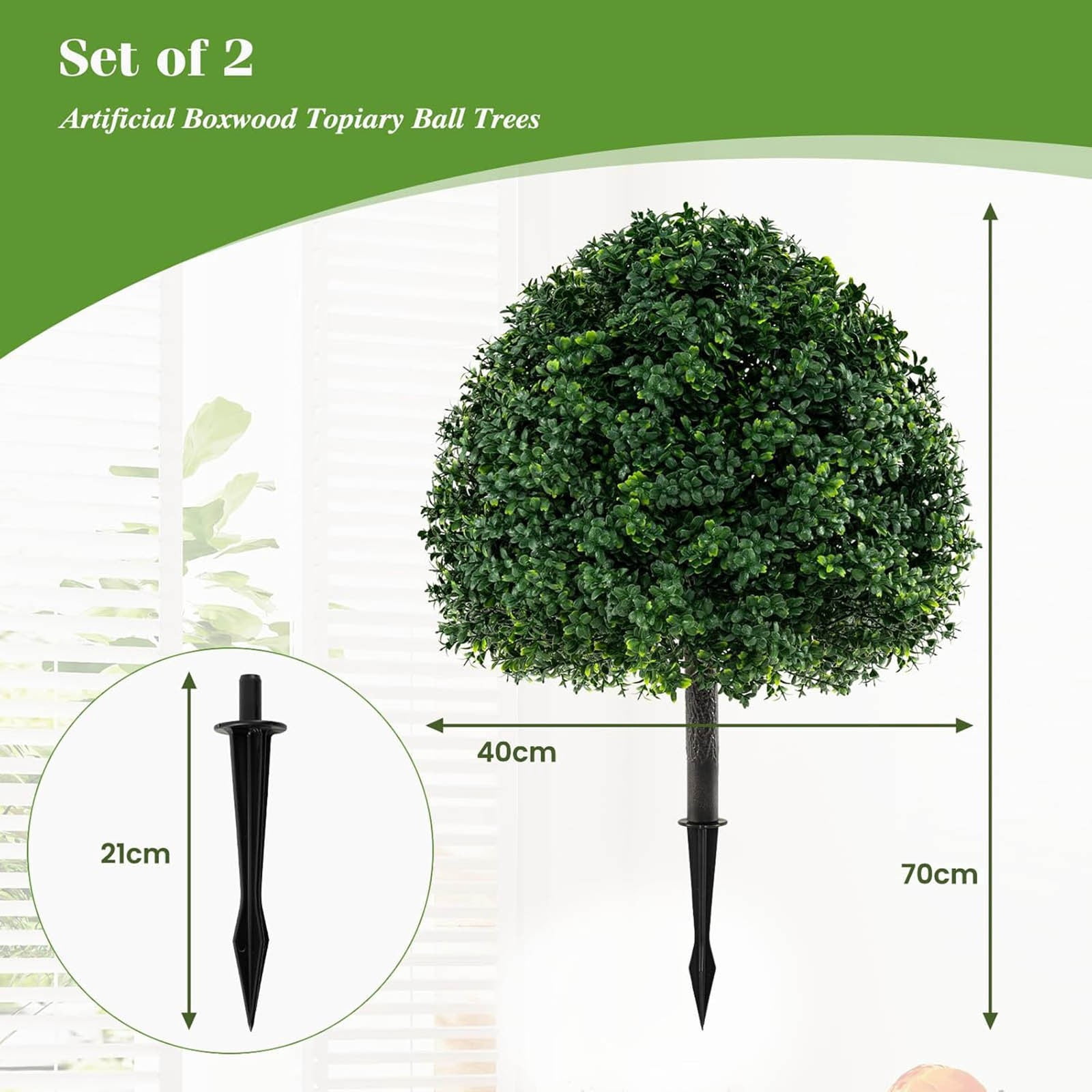 Artificial Topiary Ball Tree, 27.5 Inch Faux Plants With Ground Spike, Indoor Outdoor Decorative Fake Greenery, PE Material UV Resistant, Home Office Garden Landscaping,Easy Maintenance
