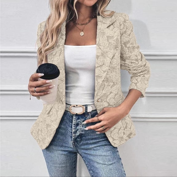 Women's Ruffled Collar Printed Slim Fit Casual Jacket Elegant Fashion Coat Beige L