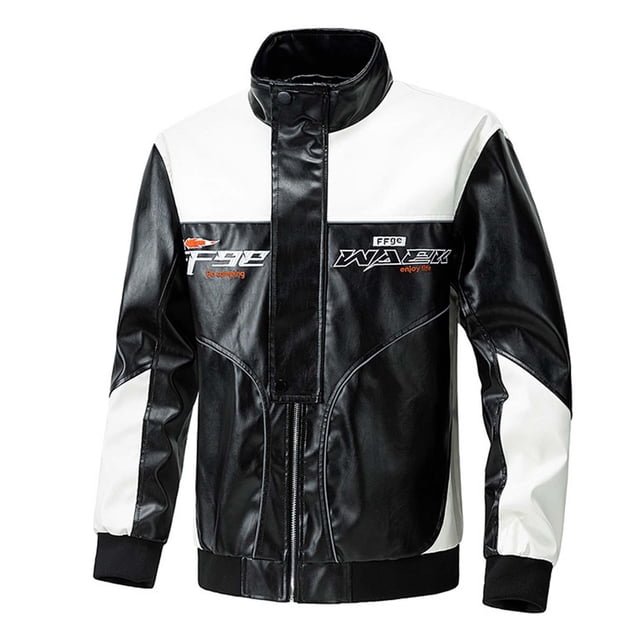 Jackets for Men Embroidered Color Block Motorcycle Zipper Button Leather Stand Up Faux