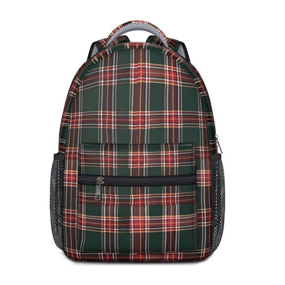 Red and Green Checkered Pattern Backpack for School, Cute School Bag with Adjustable Shoulder Straps and Padded Back, 15.3"x11"x6.7"