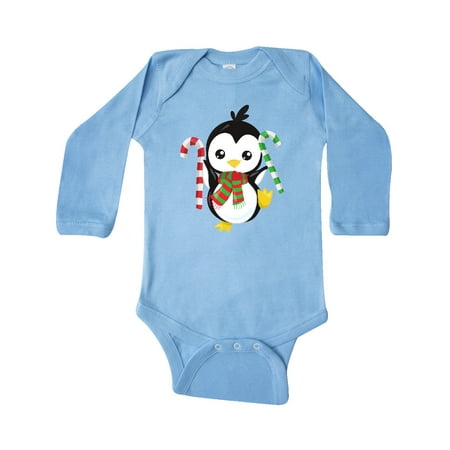 

Inktastic Cute Penguin Penguin With Candy Cane And Scarf Gift Baby Boy or Baby Girl Long Sleeve Bodysuit