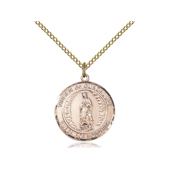 Gold Filled Virgen de Guadalupe Pendant 3/4 x 5/8 inches with 18 inch Gold Filled Curb Chain
