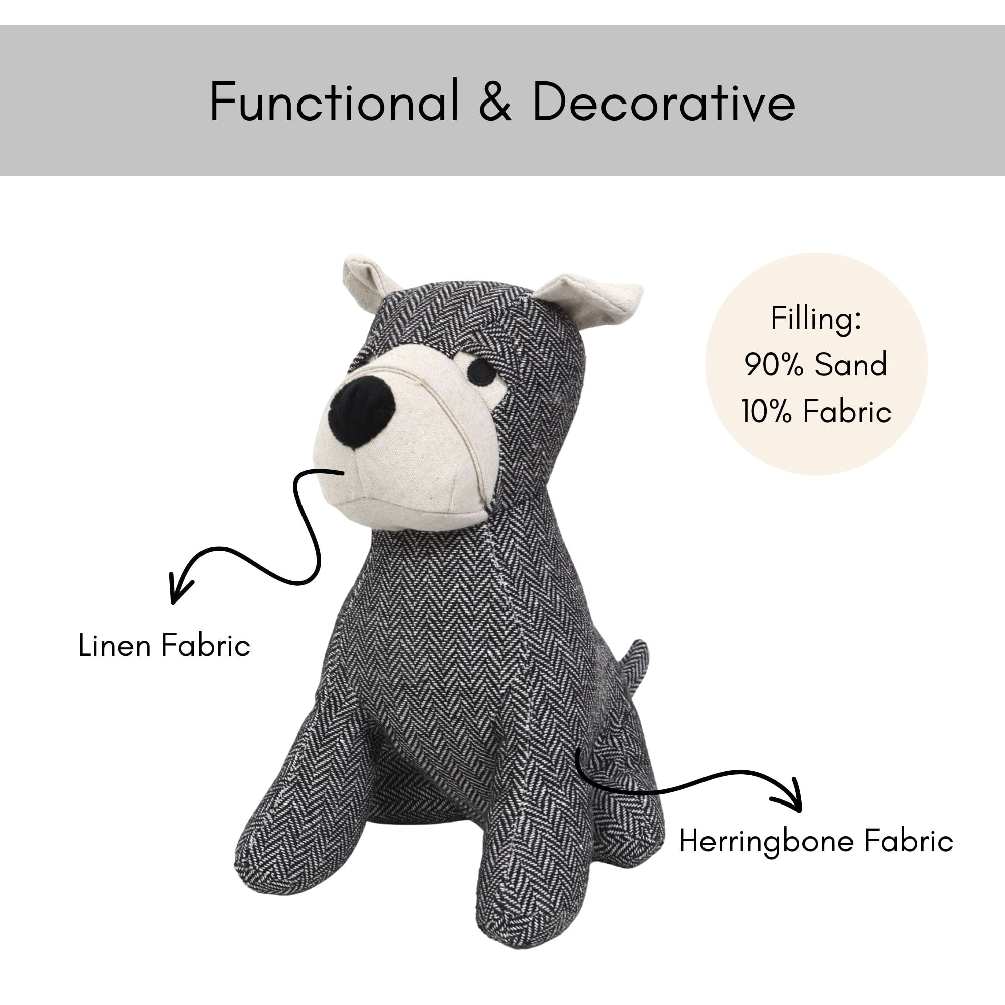 Decorative Dog Door Stop - 2.3 lb. Weighted Door Stopper for Living Room, Bedroom or Office - Adorable Puppy Design with Black and White Herringbone Fabric - Durable and Stylish Door Holder