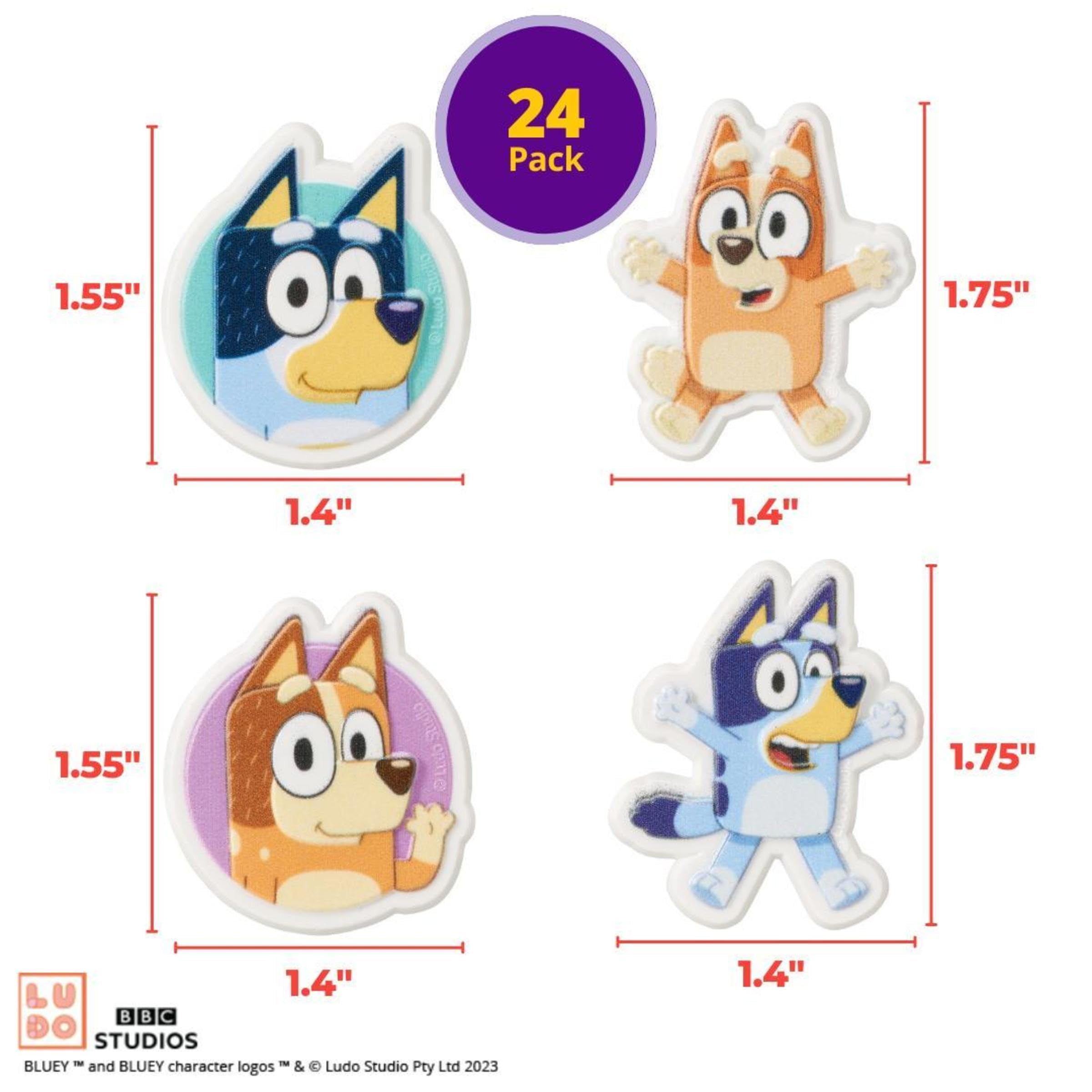 DecoPac Bluey So Much Fun Rings, 24 Cupcake Decorations Featuring Bluey, Bingo, Bandit, and Chilli, 3D Food Safe Cake Toppers  24 Pack
