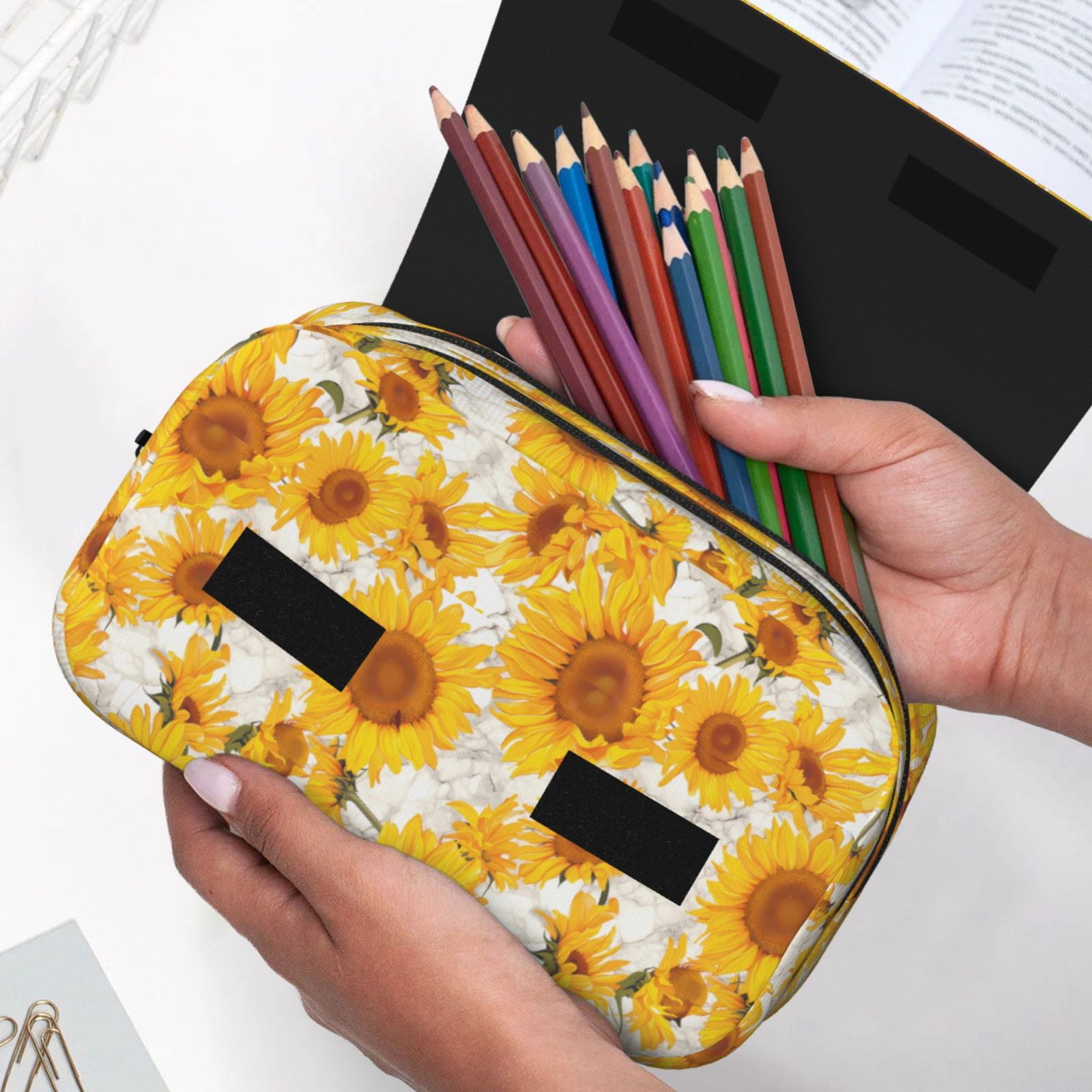 Rateoe White Marble Pattern Sunflower Pattern Double Clamshell Pen Case, Storage Organizer with Two Zipper Compartments– Holds Up to 50 Pencils & Pens