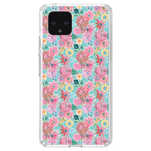 DistinctInk Clear Shockproof Hybrid Case for Google Pixel 4 XL (6.3" Screen) - TPU Bumper, Acrylic Back, Tempered Glass Screen Protector - Preppy Pattern - Pink Flowers on Teal Background