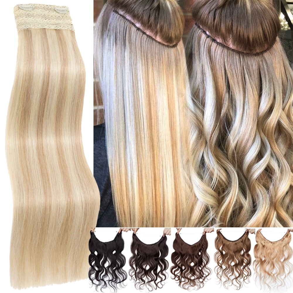 Hidden Secret Clip in Extensions Real Hair Wire in Weft One Piece THICK Human Hair Extensions Headband With 4 Clips Adjustable Brown