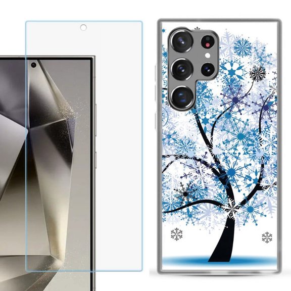 OneToughShield ® Compatible with Samsung Galaxy S24 Ultra, Shockproof Phone Case, with Tempered Glass Screen Protector - Snowflakes Tree