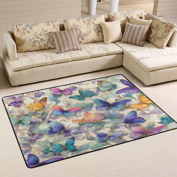 Area Rugs 72"x48" Indoor Non-Slip Wear Resistant Floor Mats Soft Large Carpets for Living Room Bedroom Home Decor Washable Rug Elegant Watercolor Butterfly Painting