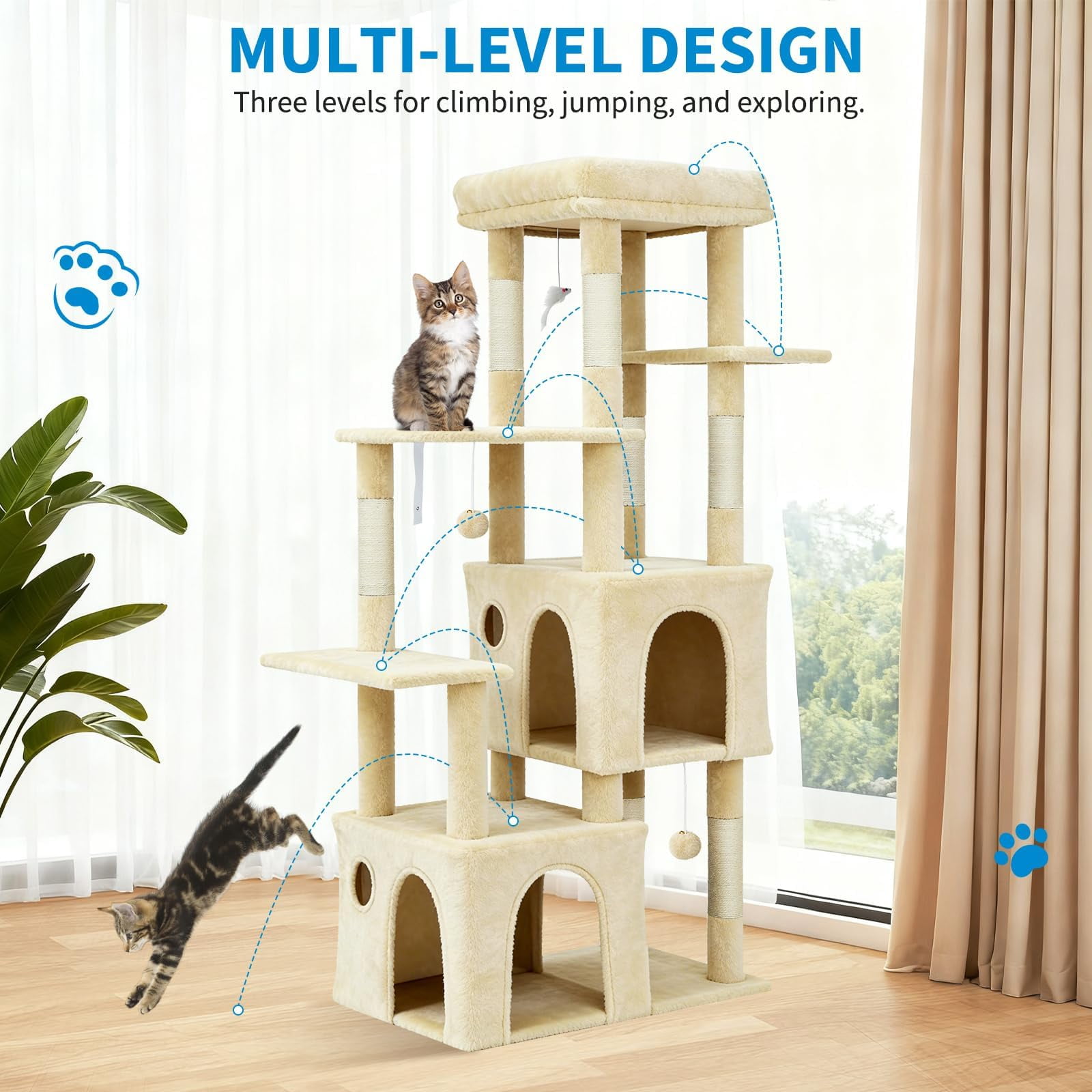 Heavy Duty Cat Tree, 61" Sturdy Cat Tree for Indoor Cats Extra Large Cat Tower with Scratching Post, Hammock, Cat Condo for Adult Cats Kittens, F72 Pro
