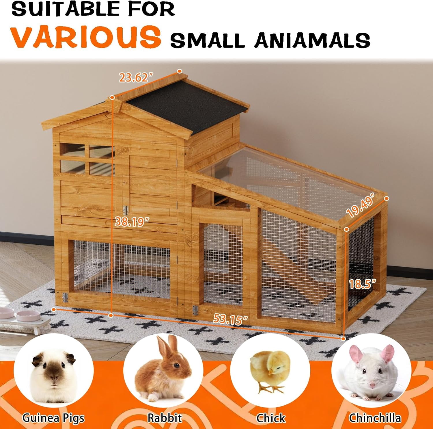 Wooden Rabbit Hutch Indoor and Outdoor, Large Rabbit Cage Chicken Coop Expandable, Weatherproof Bunny Cage with Anti-Chew Metal Frame Ramp for Backyard Small Animals, Natural