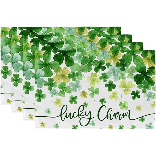 St. Patricks Day Placemats 12x18 Inch Set of 4 Lucky Charm Shamrocks Table mats Farmhouse Rustic Holiday Kitchen Dining Table Decoration for Indoor Outdoor Dinner Party Décor GP114-18