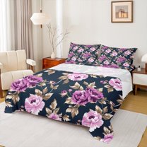 Feelyou Black Purple Flower Queen Sheet Sets, Retro French Floral Flat Sheet, Countryside Theme Queen Fitted Sheet, Lightweight Room Decor, 4-Piece