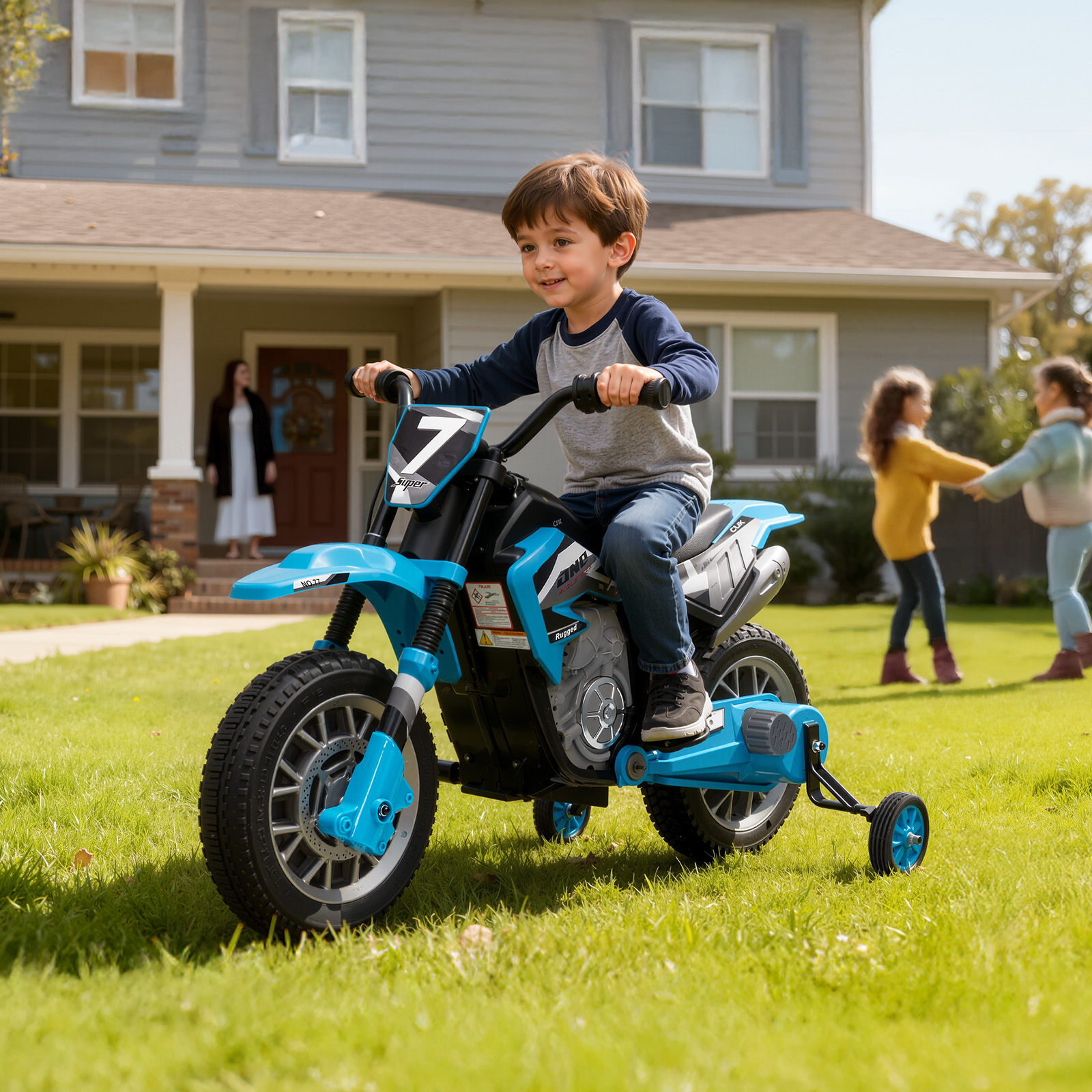 Mukidy 12V Electric Motorcycle for Kids Dirt Bike Ride on Toy Battery Powered Motorbike w/ Training Wheels, Age 3-8 Year Old, Blue