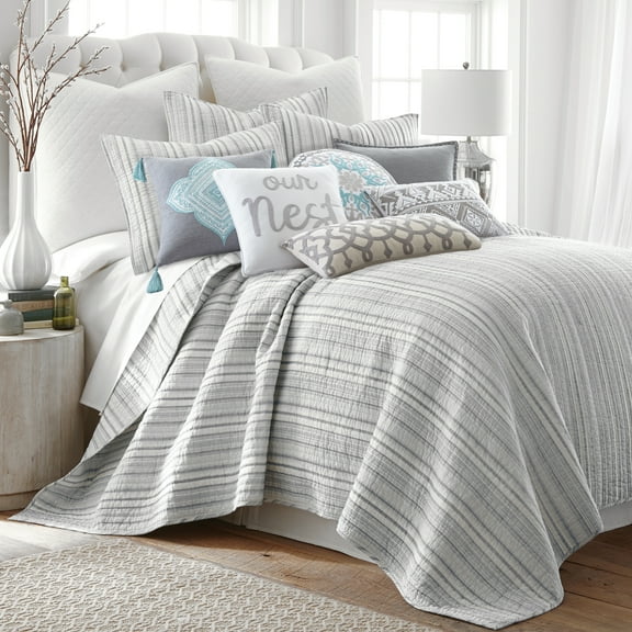 Levtex Home - Bondi Quilt Set - Full/Queen Quilt Two Standard Pillow Shams - Stripes - Grey and White - Quilt Size (88x92in.) and Pillow Sham Size (26x20in.) - Cotton Fabric