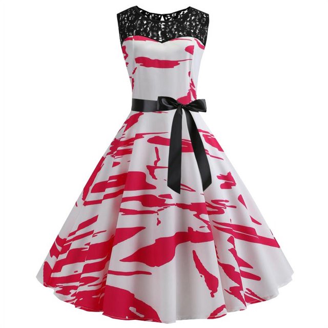 Mujeres vendaje estampado retro corto sin mangas encaje patchwork noche o-cuello fiesta graduación vestido vintage Fridja hjkh427