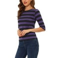 thumbnail image 4 of Camiseta básica de ajuste slim con cuello redondo y mangas de codo para mujer INSPIRE CHIC, casual, estampada, M, negro y púrpura, 4 of 6