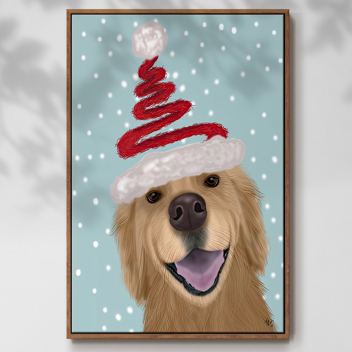 Christmas Golden Retriever and Spring Santa Hat - Framed Gallery Wrapped Holiday Canvas - 25 x 37 - Rosewood Frame