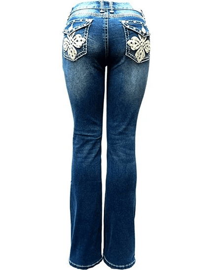 LA Idol Women's Rhinestone Mid Rise Bootcut Jeans, Spandex