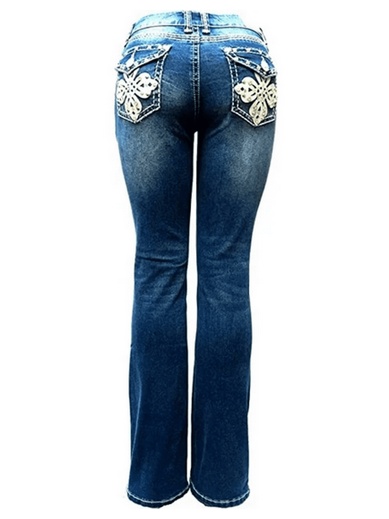 LA Idol Women's Rhinestone Mid Rise Bootcut Jeans, Spandex