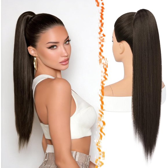 Yanonmyfd Black Straight Drawstring Ponytail Extension - 28 Inch Long Straight Drawstring Ponytail Extension Natural Looking Fluffy Soft Synthetic Cheer Posh Pony Tails Hairpieces Daily Party