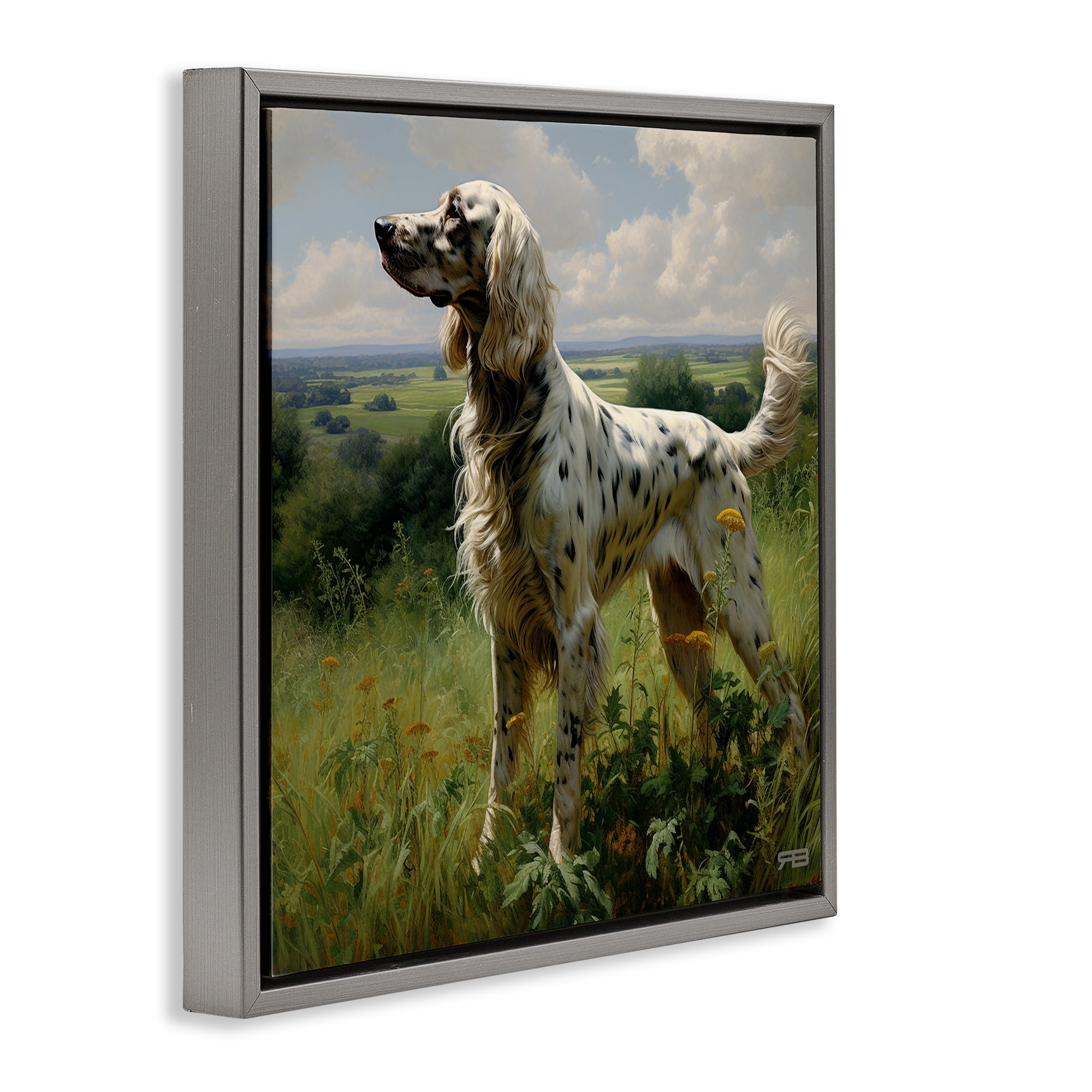 Stupell Industries Dalmatian Dog in Countryside Animals & Insects Painting Gray Floater Framed Canvas Art Print Wall Art, 18 x 18