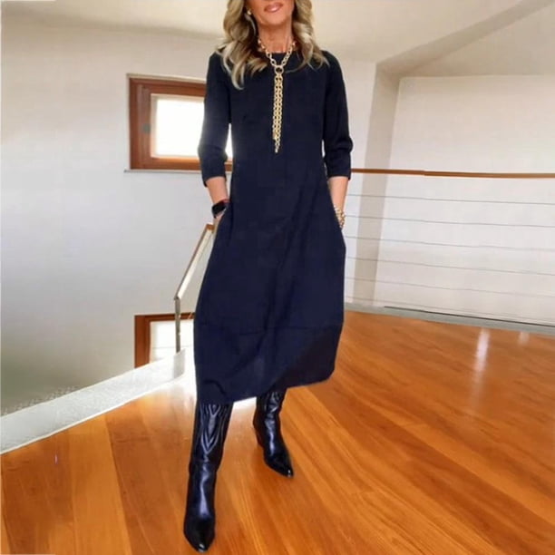 WILLBEST Vestido Casual Para Mujer, Versátil, De Color Sólido, Suelto, Con Cuello Redondo Y Manga Larga
