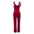 thumbnail image 4 of Jumpsuit for Women Elegant Tie Knot Shoulder Smocked Waist Ribbed Jumper Dressy Hollow Front Straight Leg Party Outfits, Red, M, 4 of 5
