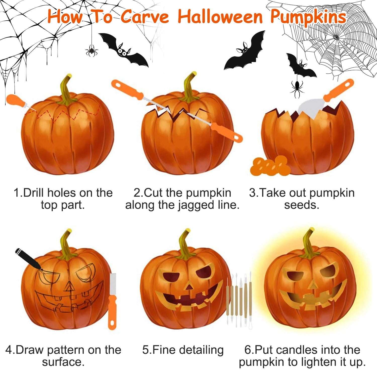 13Pcs Pumpkin Carving Kit Stainless Steel Tools with Scooper Saw Drill Etching for Halloween Jack-O-Lantern Craft Vegetable Carving