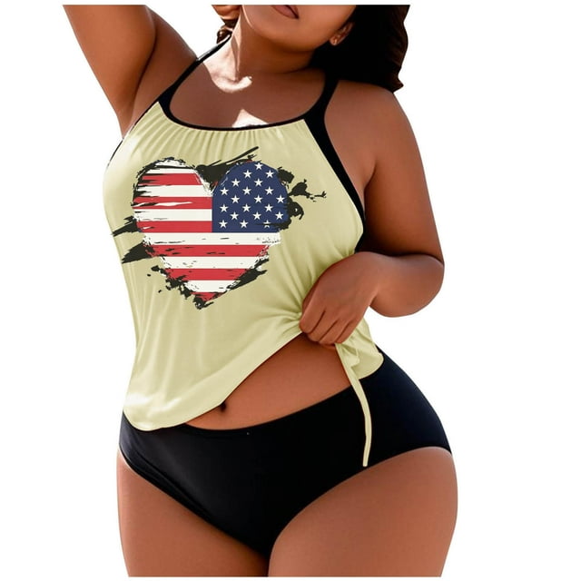 Women's Plus Size Swim Set Solid Color Tankini Top & Drawstring Shorts, Wire-Free Bikini Sets for Pool & Beach