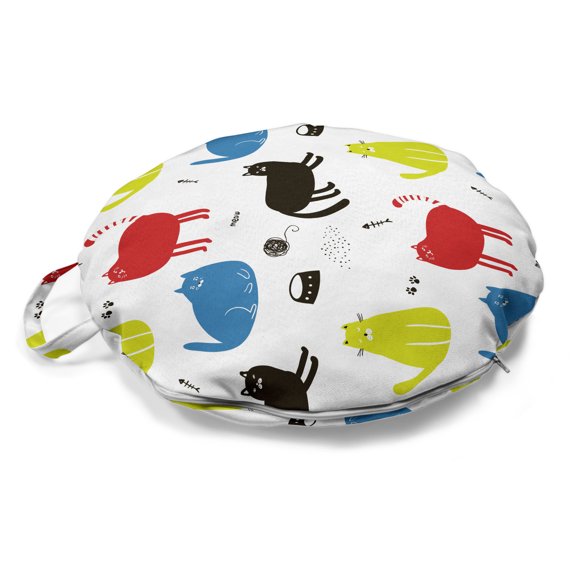 Kitten Round Floor Cushion with Handle, Wool Ball Toy Cat Bowl Food Fishbone Paws Pet Symbols in Rhythmic Composition, Pillow for Living Room & Dorms, 18" Round, White Multicolor, by Ambesonne