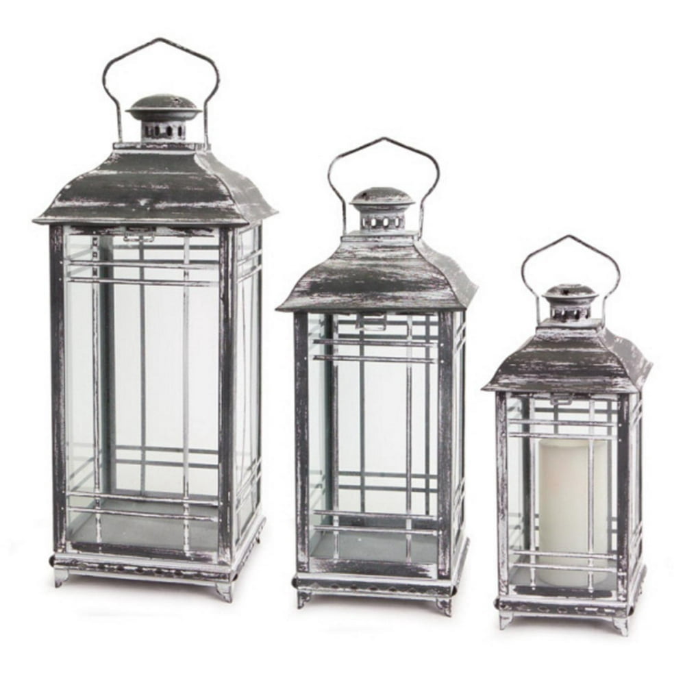 Set of 3 Mission Style Pillar Candle Lanterns with White Wash Finish 20
