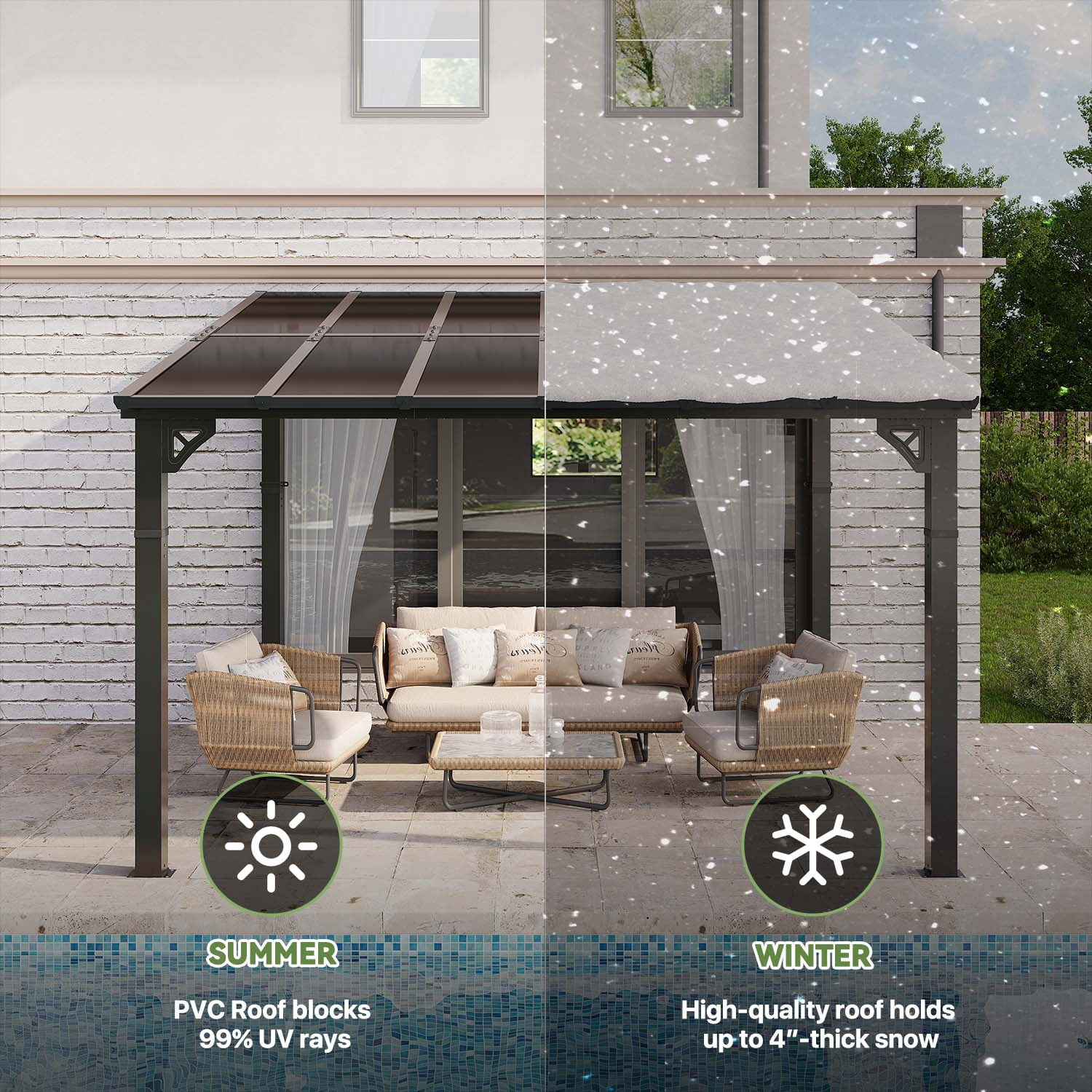 BaPiPro 12'x10' Hardtop Gazebo with Aluminum Frame & Polycarbonate Panel, Wall Mounted Gazebos Lean to Pergola, Outdoor Patio Grill Gazebo for Backyard, Garden, Deck
