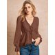 thumbnail image 1 of Blusa De Manga Larga Con Volantes Y Lazo Frontal En Marrón, 1 of 14