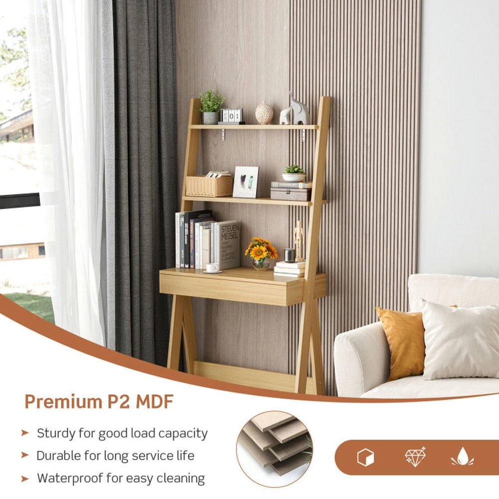 Demi Bonn 3-Tier Ladder Bookshelf, Desk Bookcase with Countertop Drawer and 2 Shelves, Beige