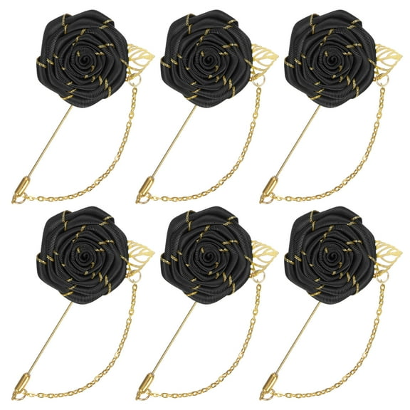 6-Pack Rose Brooch Pin Cloth Rose Flower with Gold Leaf Brooch, Rose Flower Lapel Pin for Men [Black]