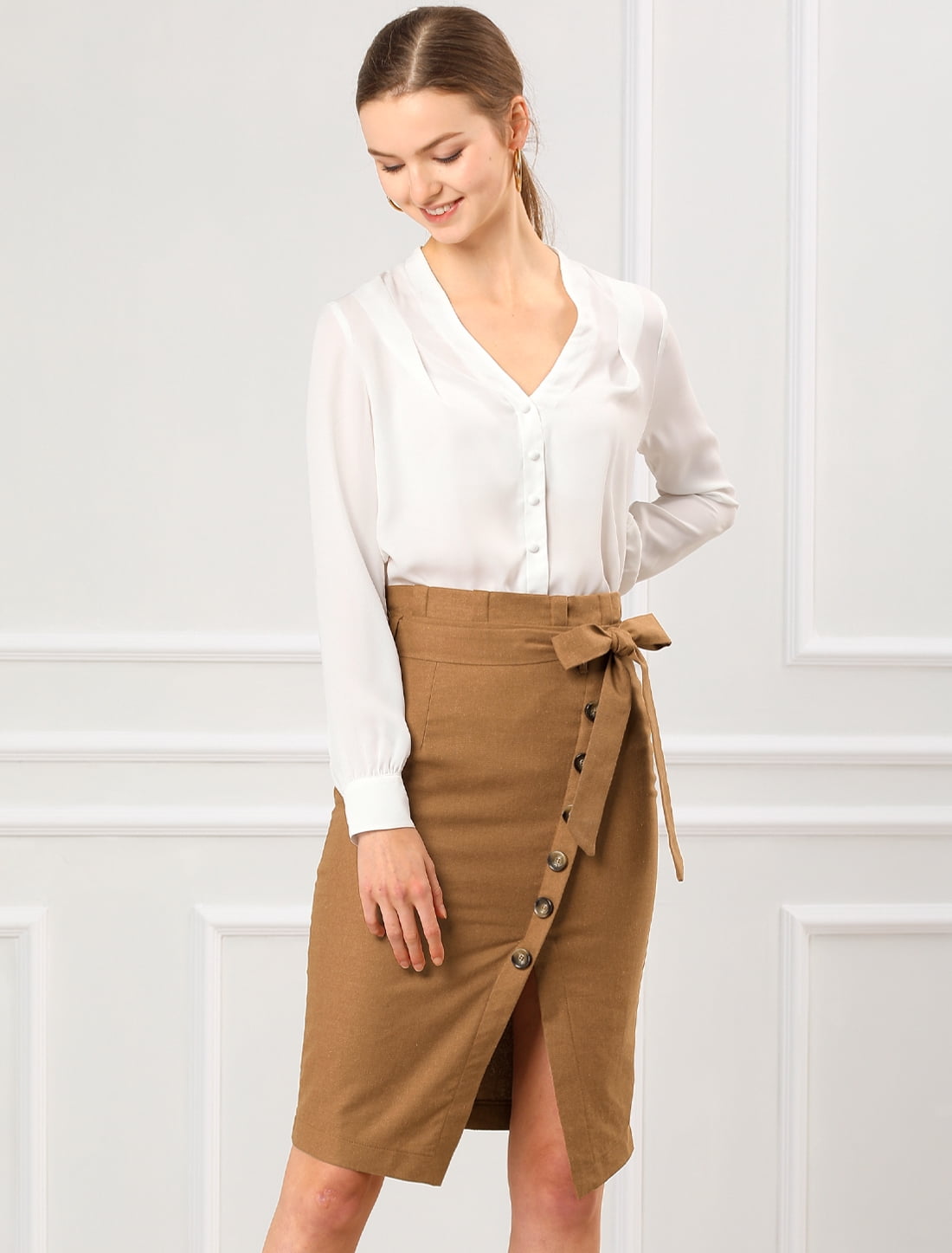 DARING DIVA Women's Asymmetrical Front Split Belted Midi Pencil Skirt S Brown