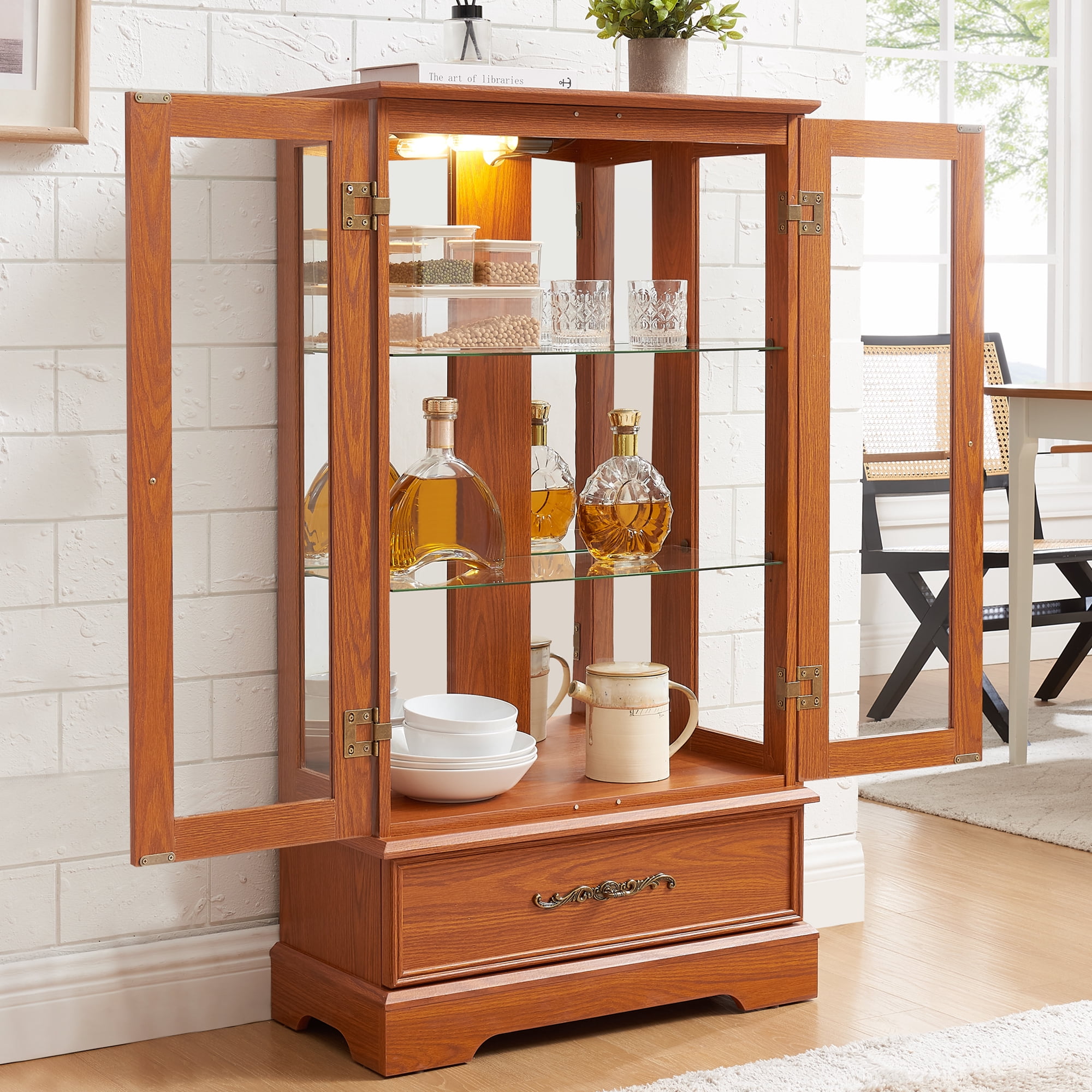 HIUU Glass Display Cabinet with Lights,Small Curio Cabinet with Glass Doors,China Cabinets,Lighted Curio Cabinets,Vitrinas Para Colecciones(Oak)